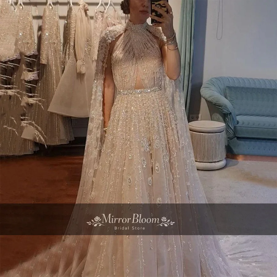 Customized Champagne Muslim Evening Dress Women Beaded Cape Sleeve High Neck Formal Prom Gown Luxury Tulle Maxi Wedding Dresses