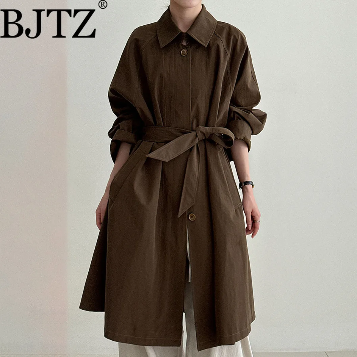 

BJJTZ Women's Autumn Belted Trench Coat Casual Elegant Minimalist Solid Color High Quality Designer Jacket Chic New Arrival 2025