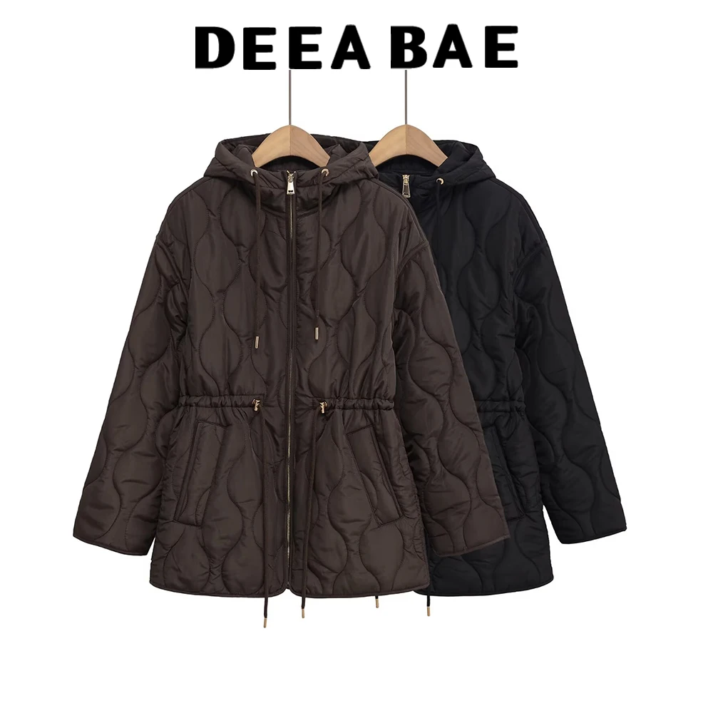 

DEEABAE Осенняя женская стеганая куртка с воротником-стойкой и длинными рукавами на шнуровке, регулируемая водонепроницаемая стеганая куртка с капюшоном