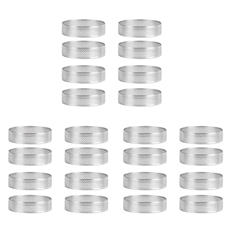 

B03C-24Pc Stainless Steel Tart Ring, Heat-Resistant Perforated Cake Mousse Ring Round Double Rolled Tart Ring Metal Mold 10Cm