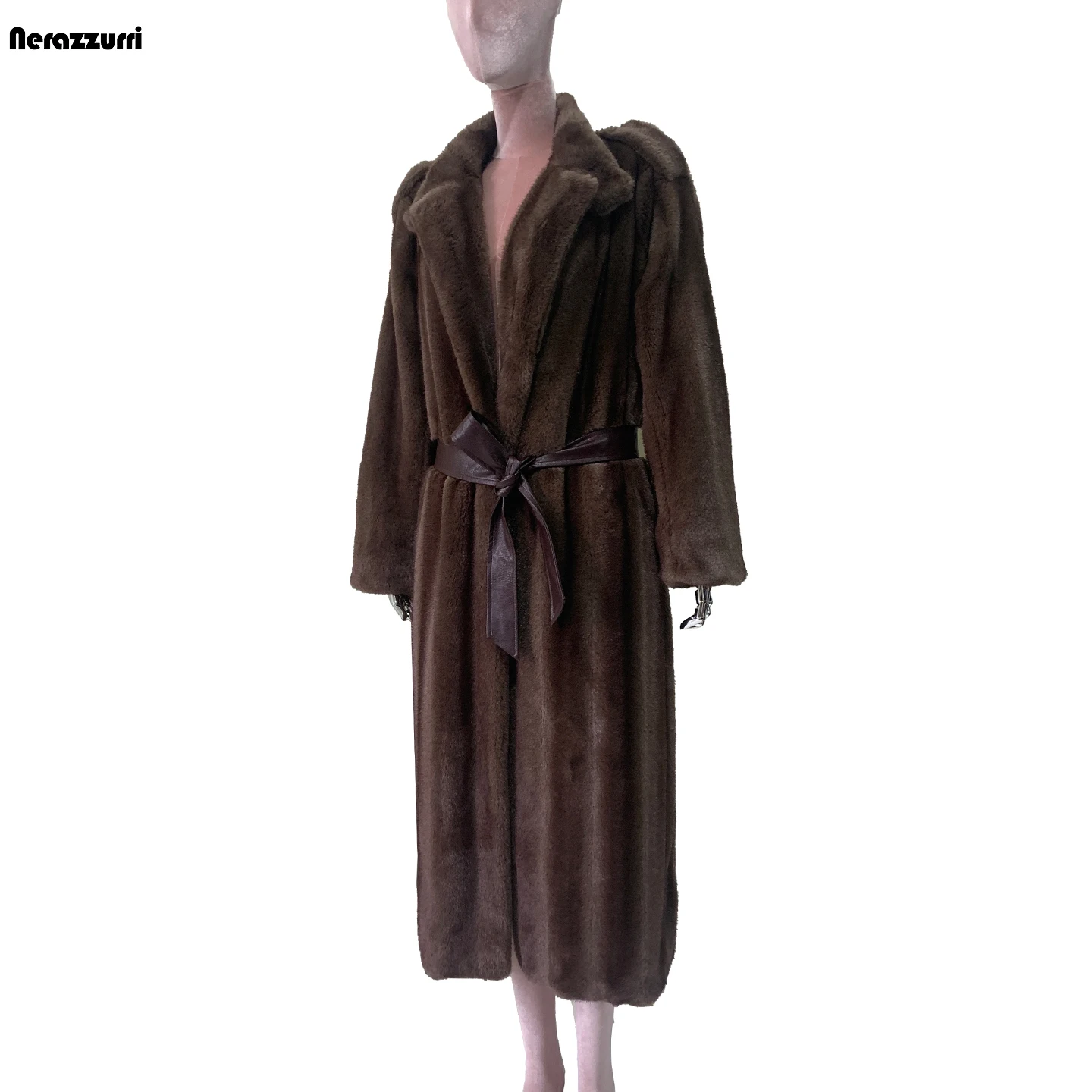 

Nerazzurri Winter Long Loose Fur Coat Brown Fur Jacket Women's Comfortable Warm Polyester Fiber Environmentally Friendly