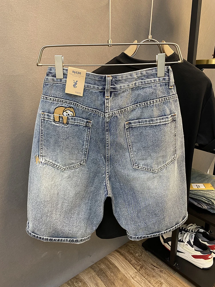 

High Quali Embroidered Light Blue Cotton Men's orts Straight Leg Five-Quarter Length Summer New Sle Trendy Brand