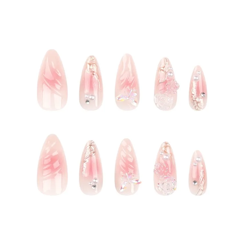 24pcs Press on Acyrlic Nails Long Korean High Quality Pink Almond False Nails with Tools 3d Flower Butterfly Realistic Nail Art