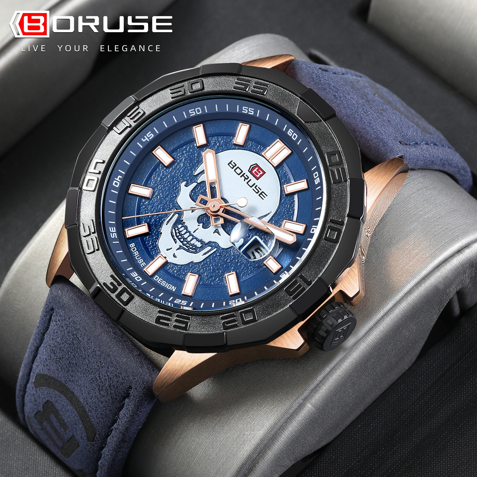 Boruse Heren Blauwe Horloges Mode Multifunctioneel Heren Polshorloge Chronograaf Luxe Quartz Horloge Voor Heren