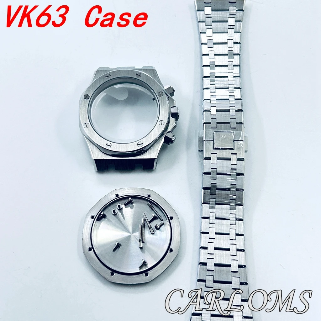 42mm AP VK63 VK64 Watch Case Quartz Movement Parts Silver Solid Stainless Steel Sapphire Glass