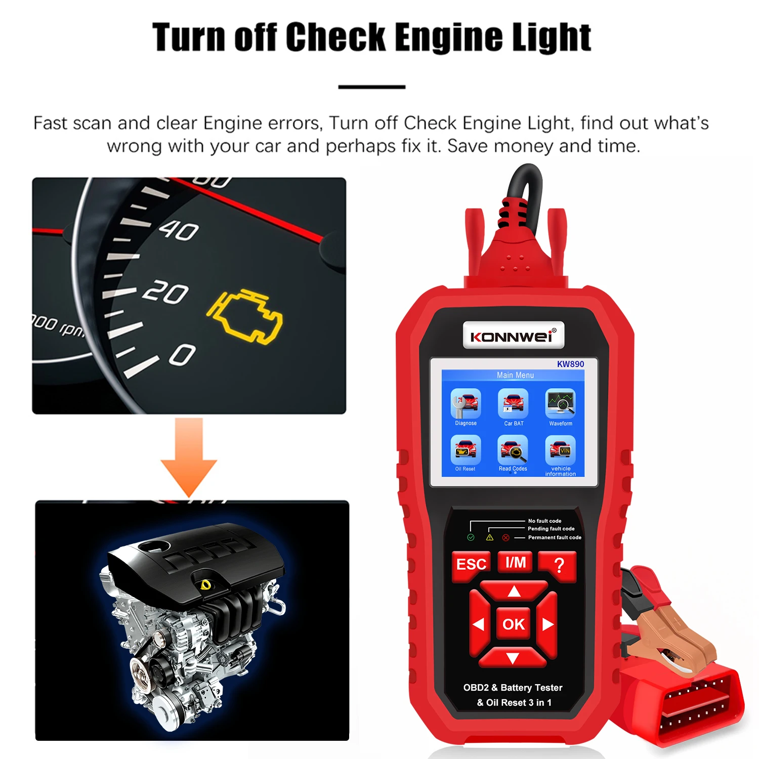 KONNWEI KW890 Oil Reset  Battery Tester OBD2 Diagnostic Scanner Tool 3 in 1 EOBD Engine Check Code Reader Diagnose Tool