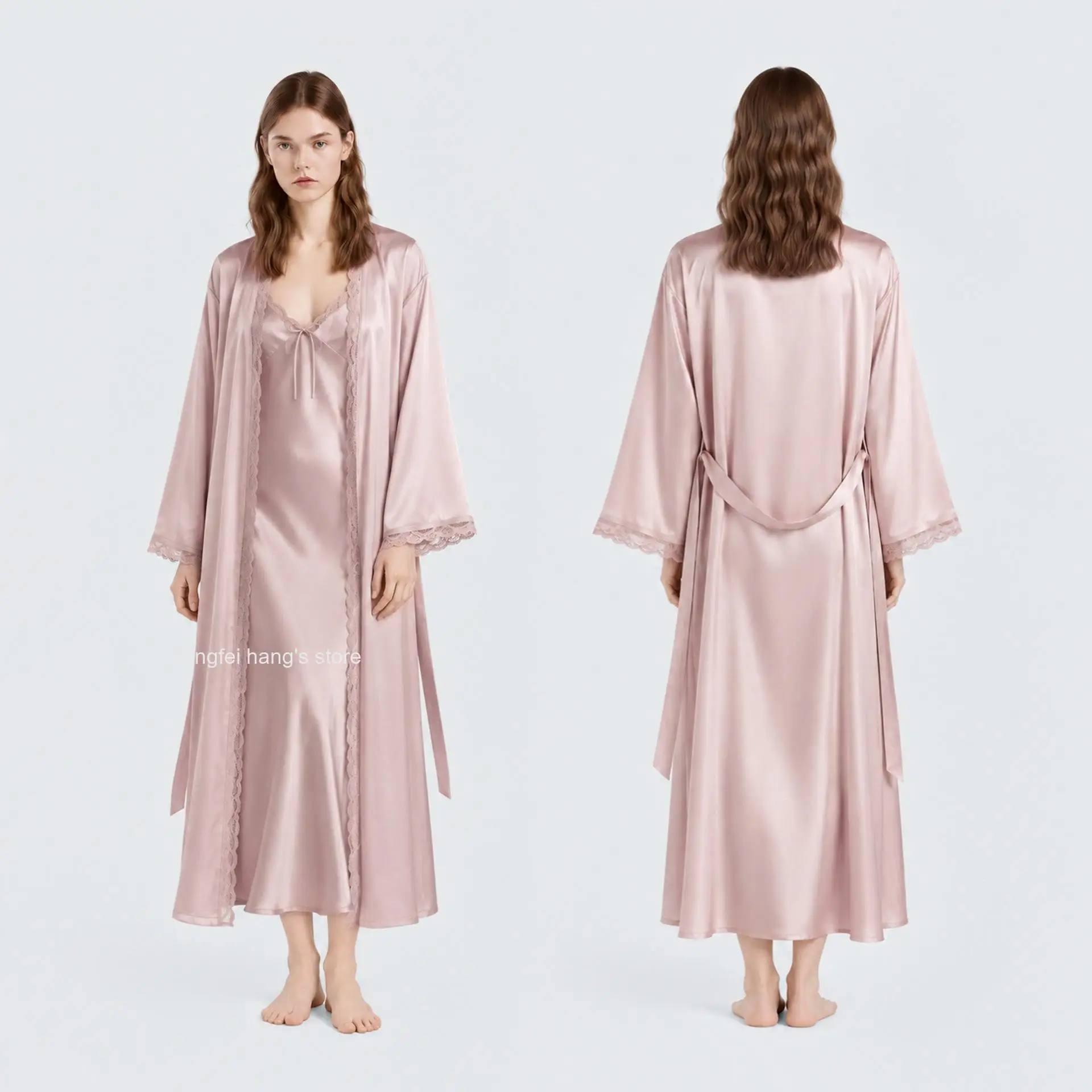 Women 2Pcs Silk Satin Sleepwear Set Loose Spaghetti Strap Nightgown & Tie Waist Long Robe Elegant Soft Home Loungewear Nightwear