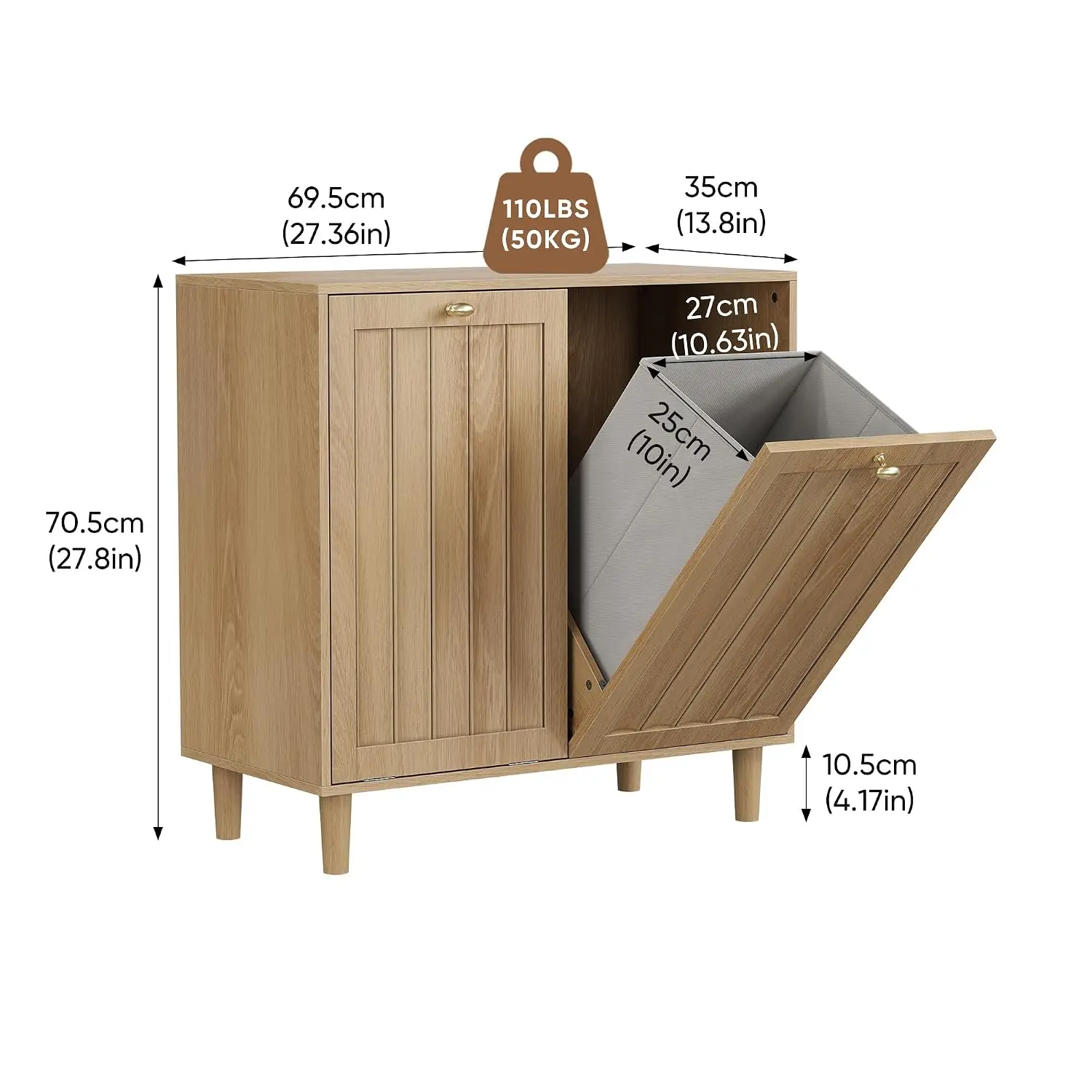 Double Tilt Out Laundry Hamper Cabinet, 2 Removable Baskets, Vertical Slat Doors, Ventilated Laundry Storage, Customized