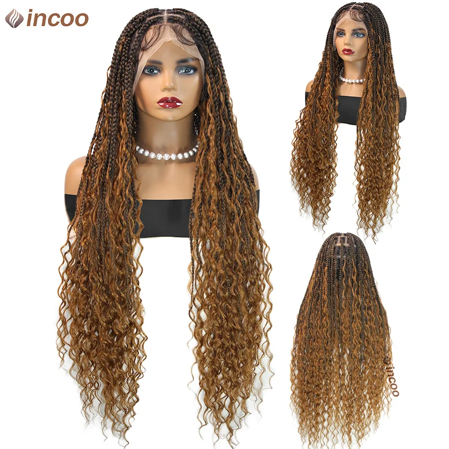 

Synthetic Ombre Blonde Boho Box Braided Wigs Knotless Cornrows Braids Wig With Curly Hair 36inch Goddess Full Lace Braiding Wigs