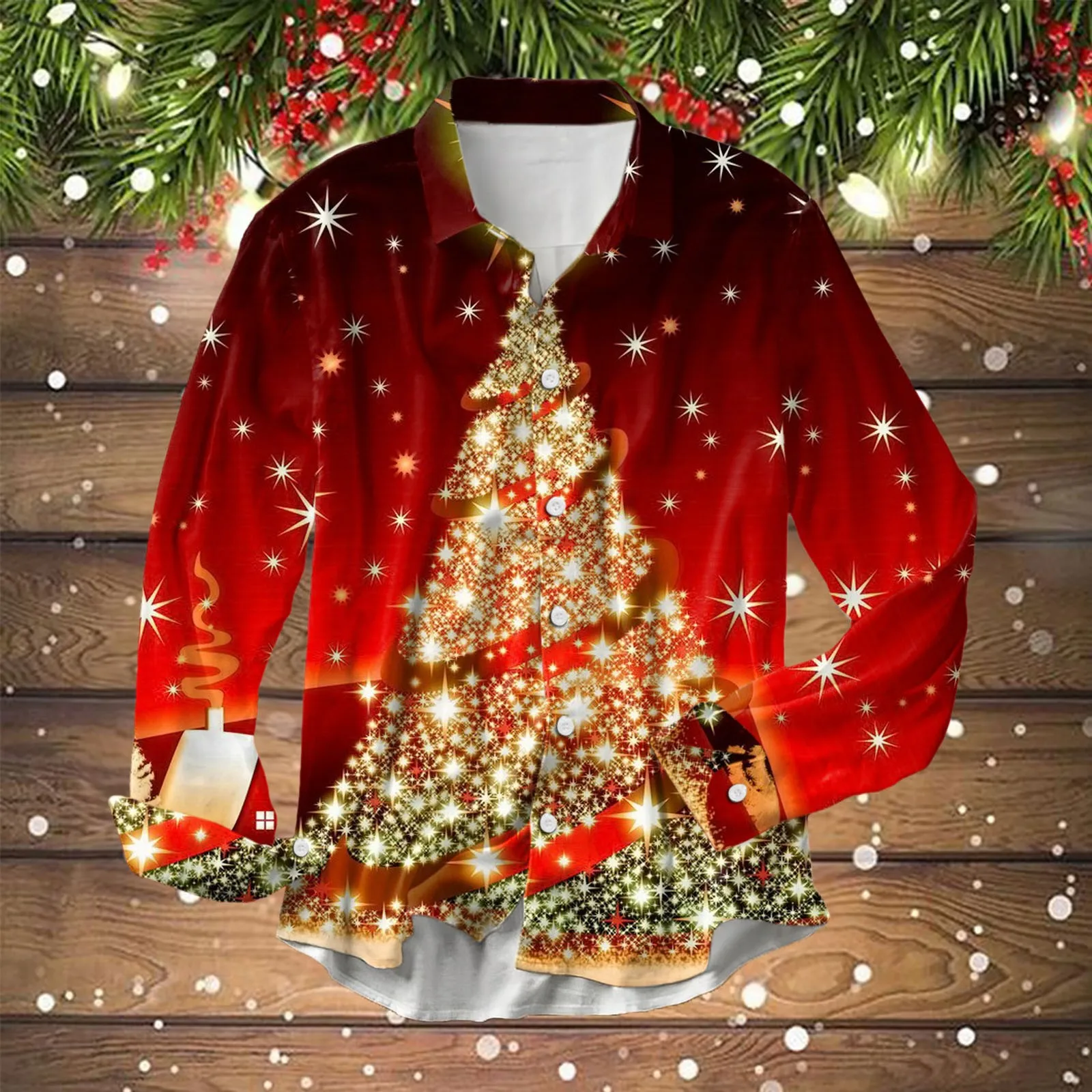 

Рубашка с принтом рождественской елки, Топ для женщин, блузка с отложным воротником и длинным рукавом, Стильные топы, мужские свободные рубашки на пуговицах