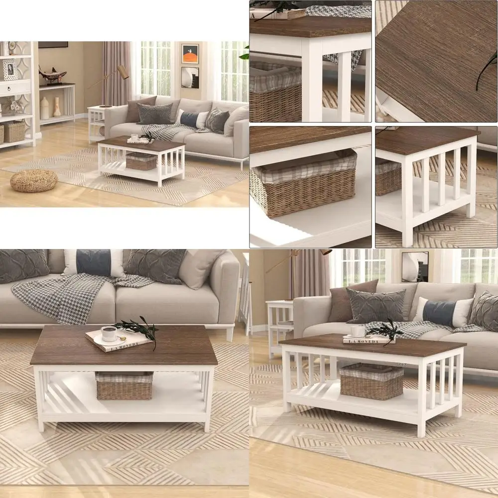 

40 White Farmhouse-Style Living Room Coffee Table with Shelf