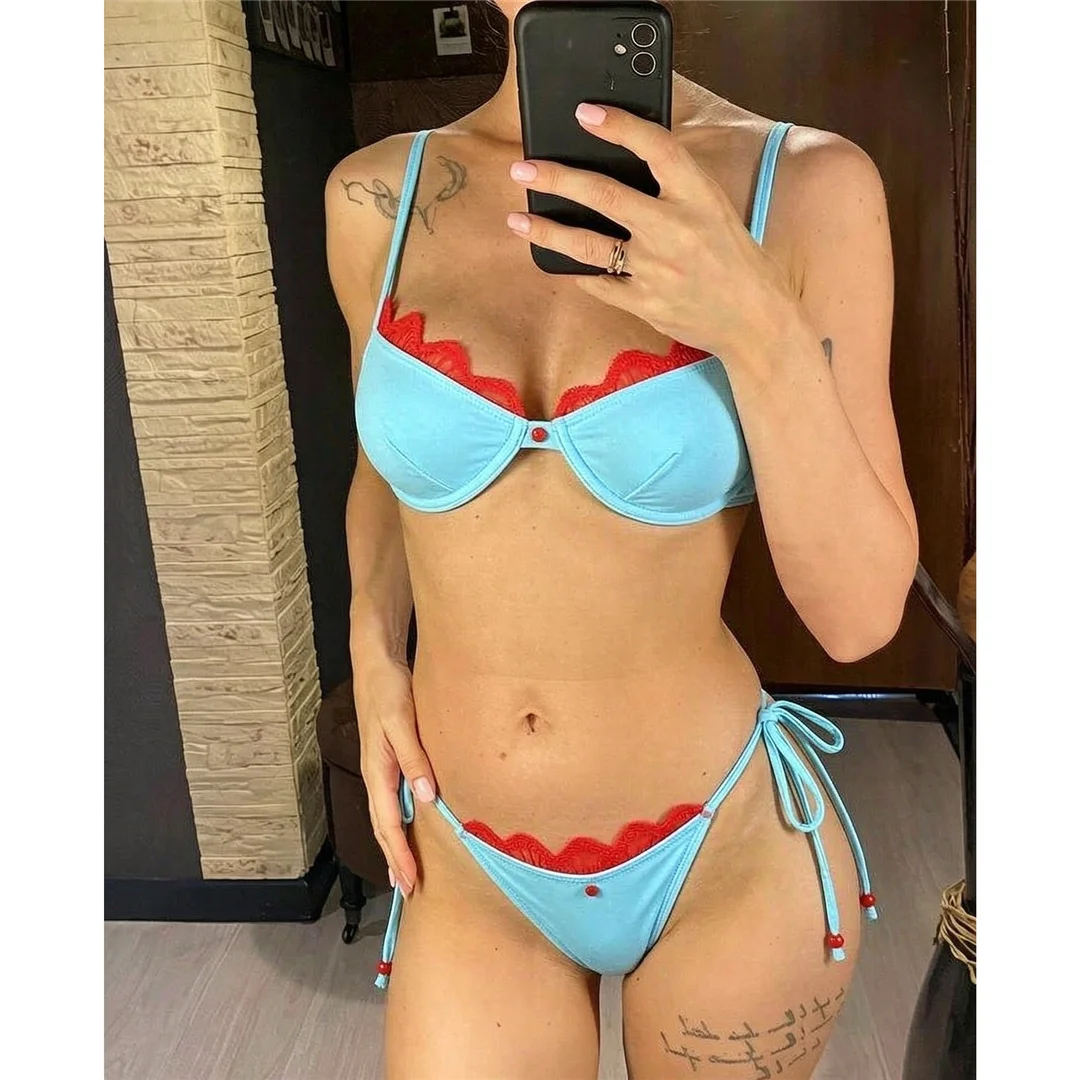 Mit Polka-Dot-Rock, Spitze, Bikini, Damen-Badebekleidung, dreiteiliges Bikini-Set, Badeanzug, Badebekleidung, Schwimmbekleidung V8464 – Detail 5