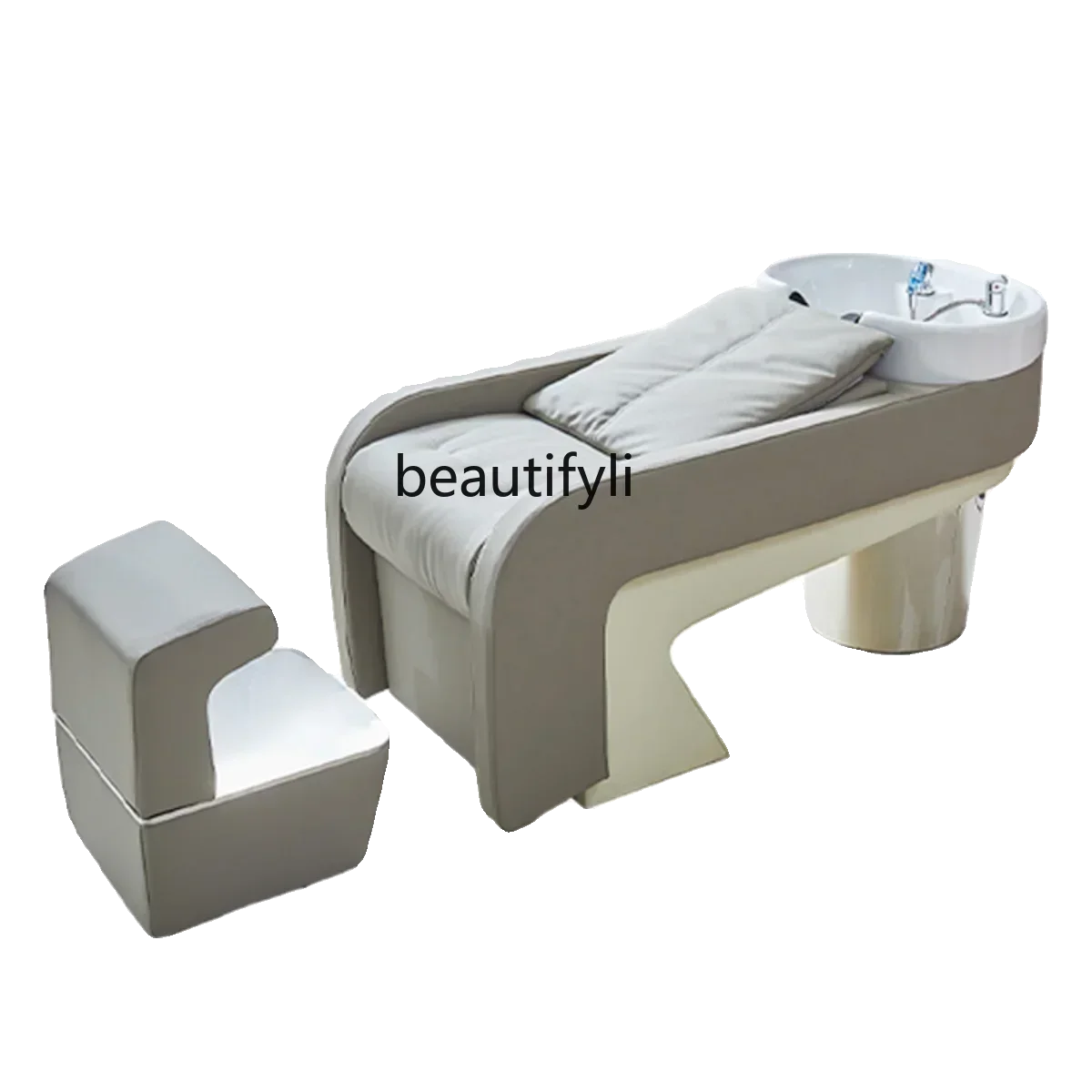 New Barber Shop Shampoo Chair for Hair Salon Half Lying Flushing Bed with Ambience Light Ceramic Basin Simple