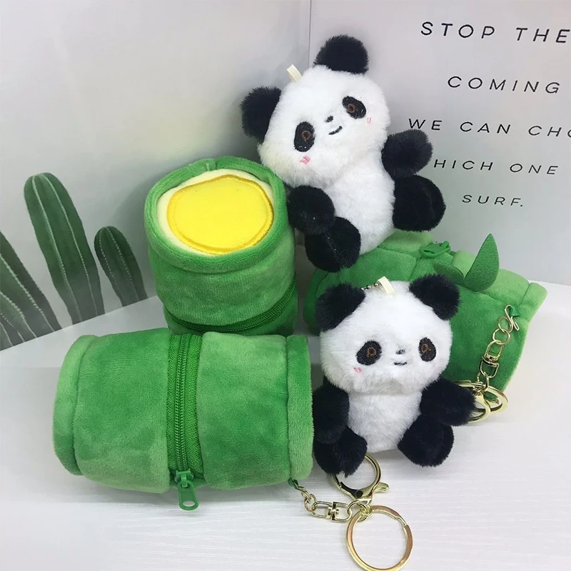Plush Panda Bamboo Tube Keychain Cartoon Panda Doll And Bamboo Tube Keyrings Pendants Lovely Panda Doll Key Chain Hanging