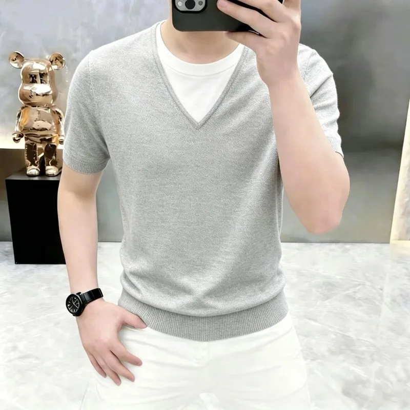 Summer Double-layer Splicing V-neck Knitted T-shirt for Men Breathable Elastic Simple Daily T-shirt Casual Business Tshirts 2026