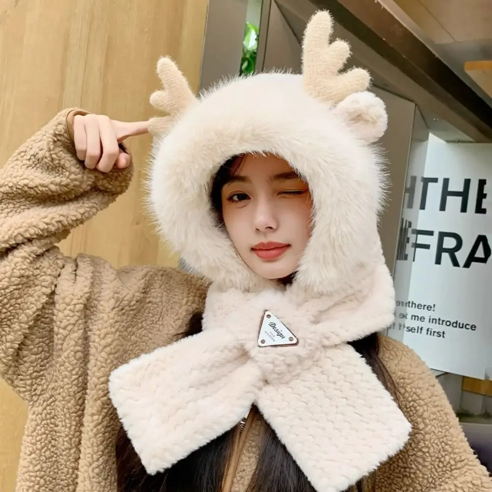 

Cute Soft Fur Women Hooded Scarf Elk Antler Winter One Piece Hat Scarf Cross Windproof Ear Protection Hat Outdoor