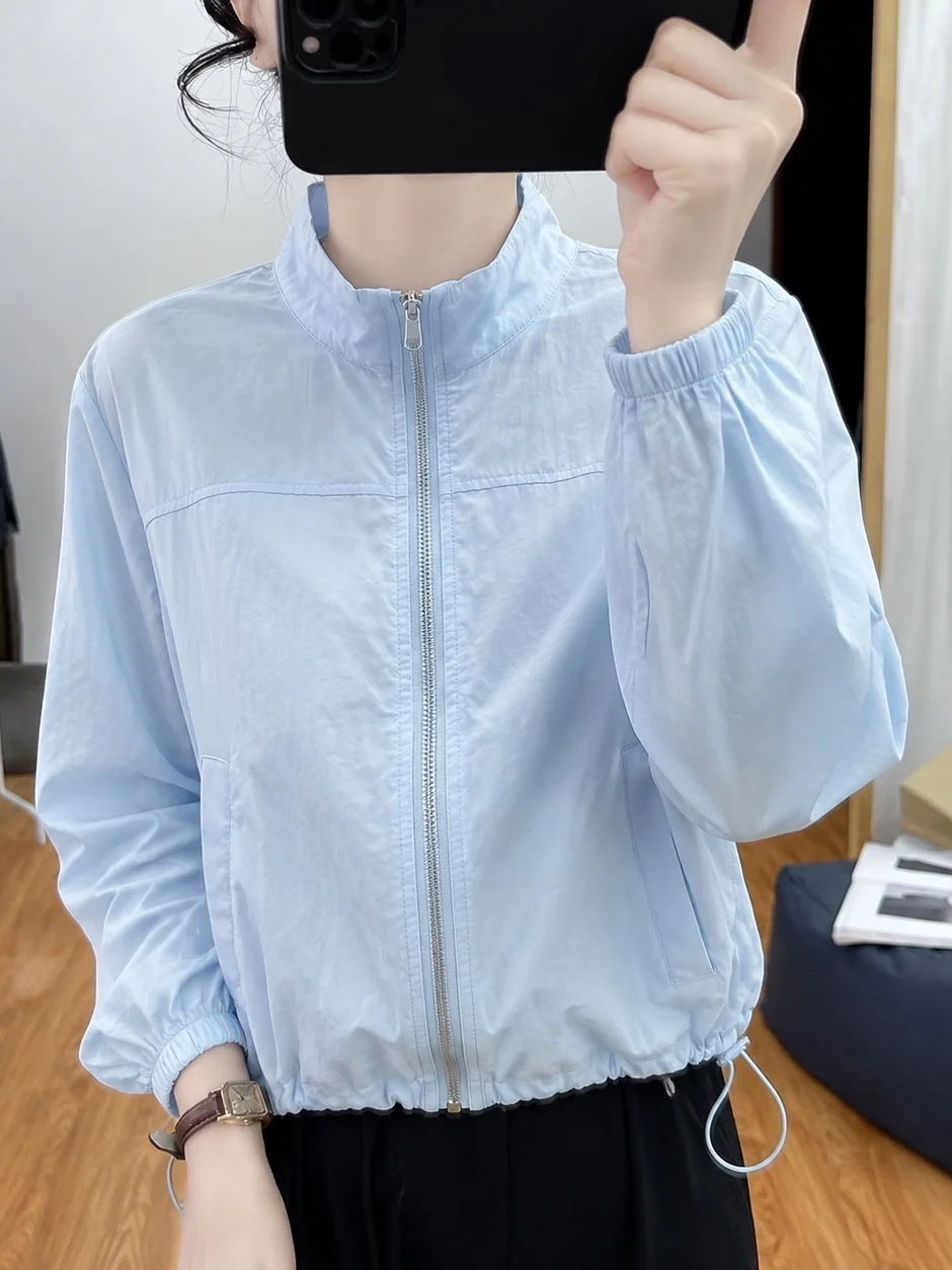 Summer 2026 Women's Short Length Thin Sun Protection Long Sleeve Drawstring Label Fitted Top Small Size Commute Style Outerwear