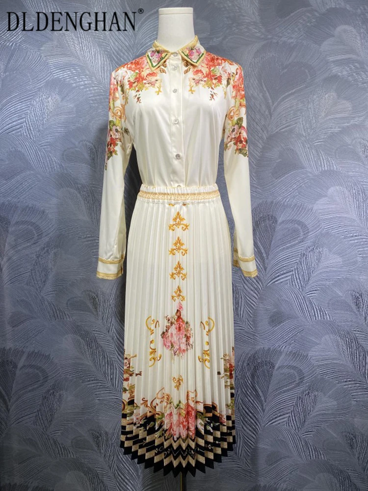 

DLDENGHAN Women Beading Turn-down Collar Shirt + Elastic Waist Pleated Skirt Vintage Print 2 piece set Fashion Spring New
