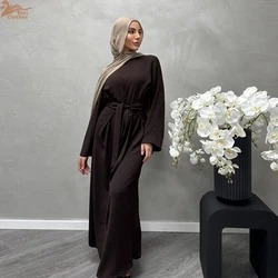 Uni Fashion Dubai Abaya Muslim Woman Kaftan With Belt Square Collar Moroccan Saudi Long Dress Elegant Robe Clothing 2024