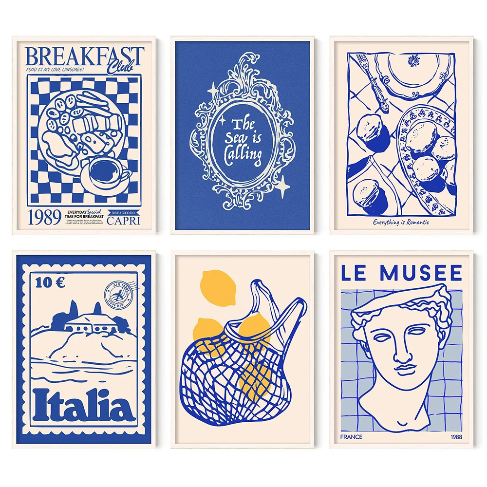 1pc frameless Canvas Painting Blue Maximalist Wall Art Coastal Decor Le Musee Prints Italian Summer Retro Breakfast Food Drink C view 4