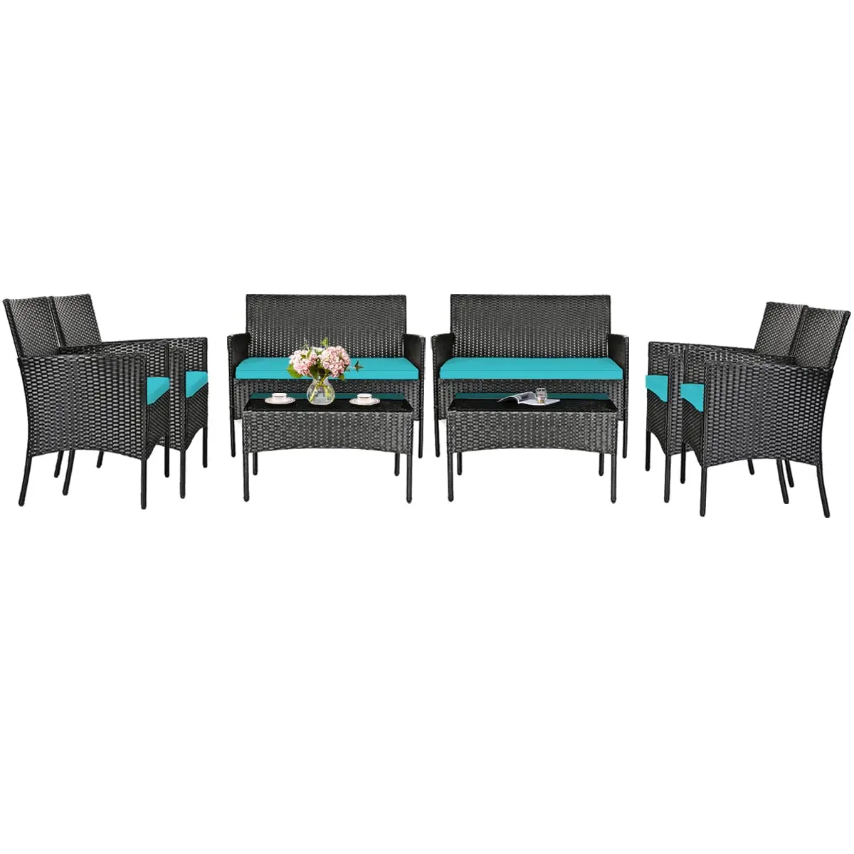 Rattan Wicker Patio Furniture 8-Piece Sofa Set with Glass Table & Removable Cushions for Garden Poolside, Customized