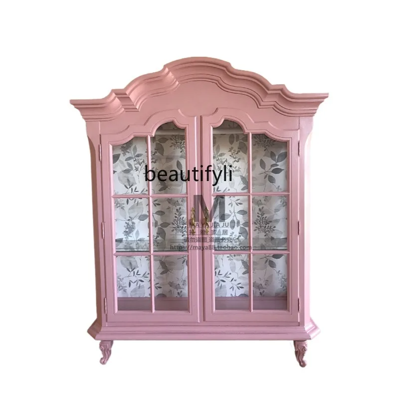 French Style Wood Carved Wardrobe Vintage Distressed Princess Wardrobe Bedroom Double Door Pink Storage Display Cabinet