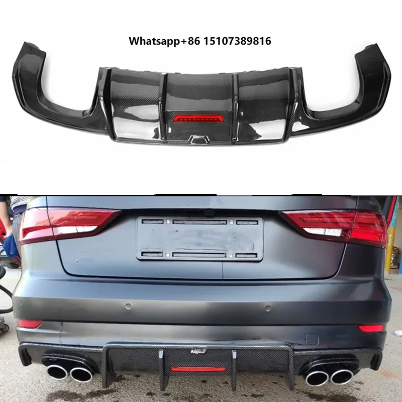 Car A3 S3 Carbon Fiber Rear Bumper Diffuser Rear Chin Spoiler Lip with LED Light for A3 S3 2017 2018 2019