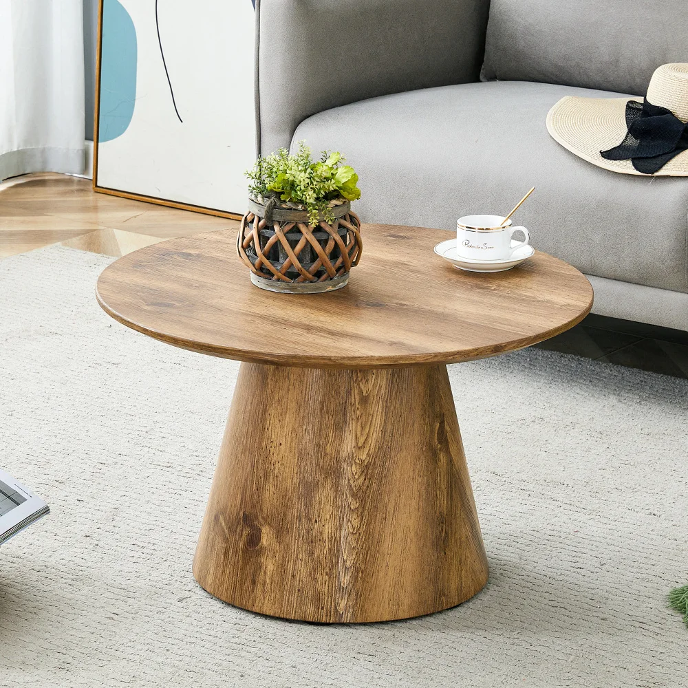 Table basse ronde en bois naturel (MDF) - Diamètre 60 cm, hauteur 35 cm. Avec une feuille décorative en bois de haute qualité, idéale comme table d'appoint dans le salon ou petite table pour balcon, etc.