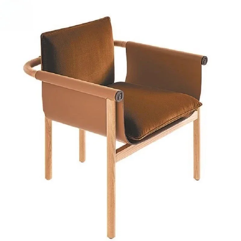 Italian light luxury saddle leather solid wood dining chair hot-selling Italian furniture dining chair back armrest