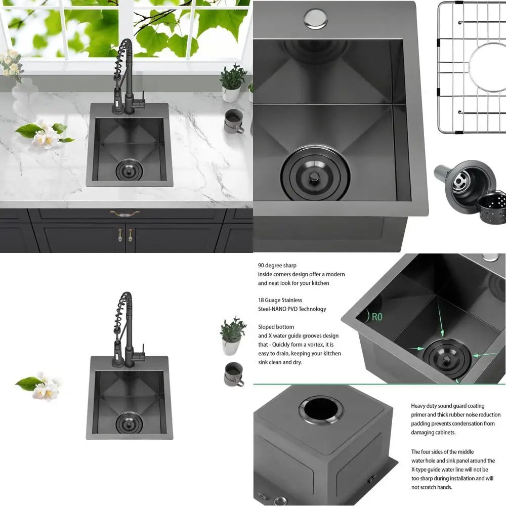 

13 Black Handcrafted Bar Sink, Stainless Steel Matte Nano Black Topmount Single Bowl for Small Kitchen or Outdoor Use