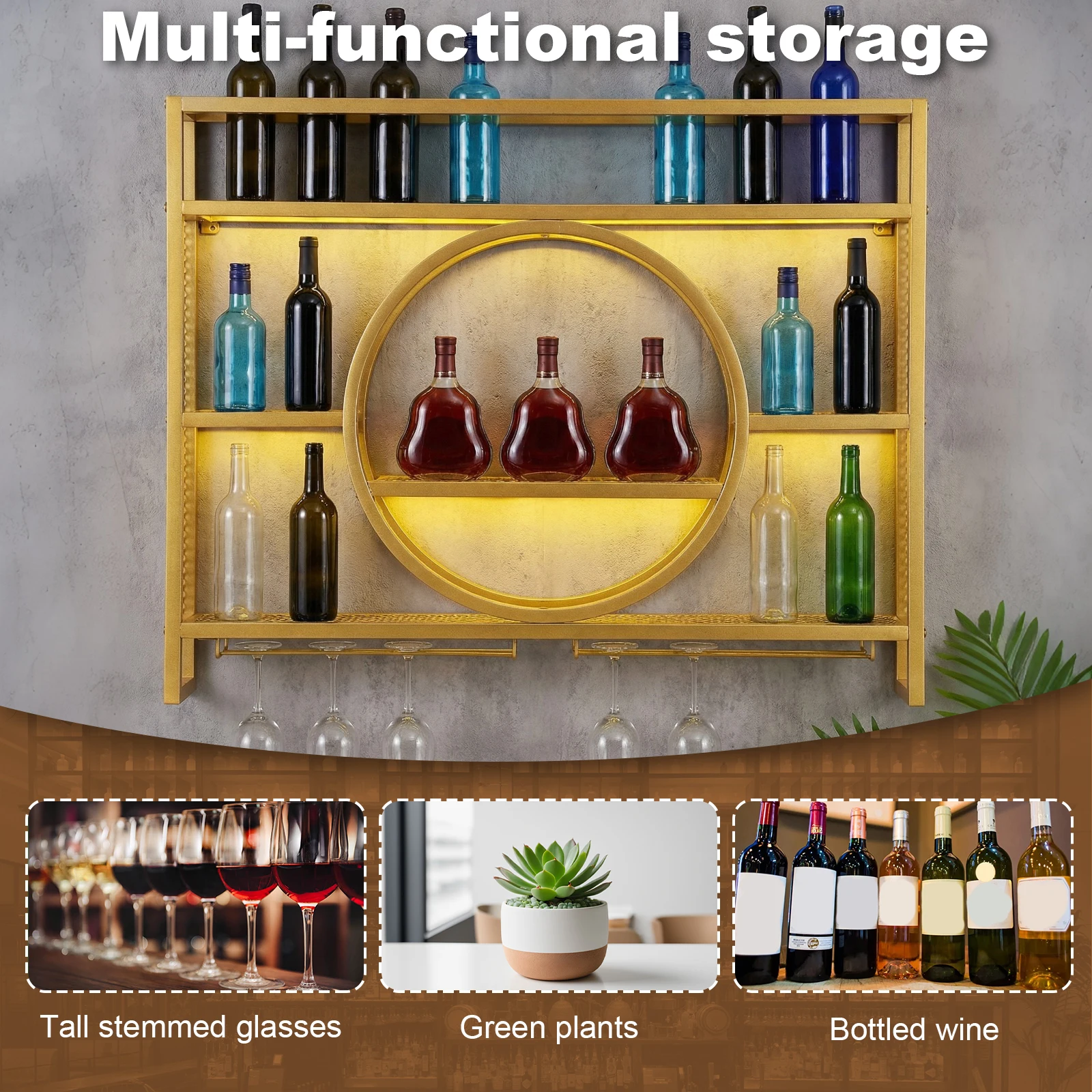 

Wall Bar Cabinet Mini Bar Metal Wine Rack Wall Mounted 3 Tier with LED Light with Wine Glass Holder for Home Bar & Dining Room