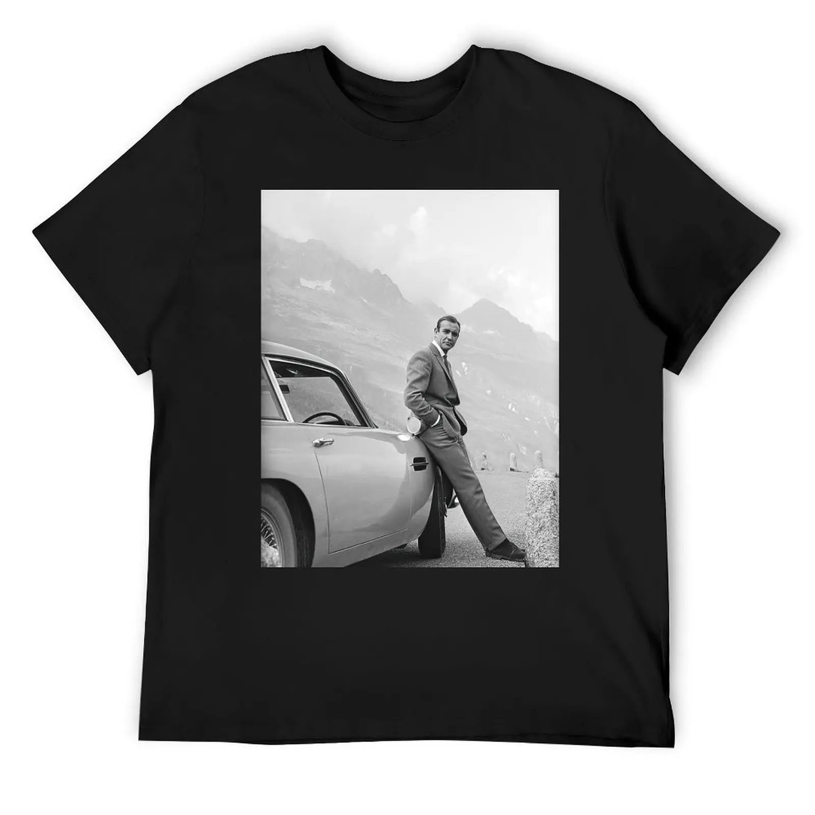 

Sean Connery and Sports Car, Black and White Vintage Art T-Shirt shirts graphic tees cotton graphic tees mens t shirts