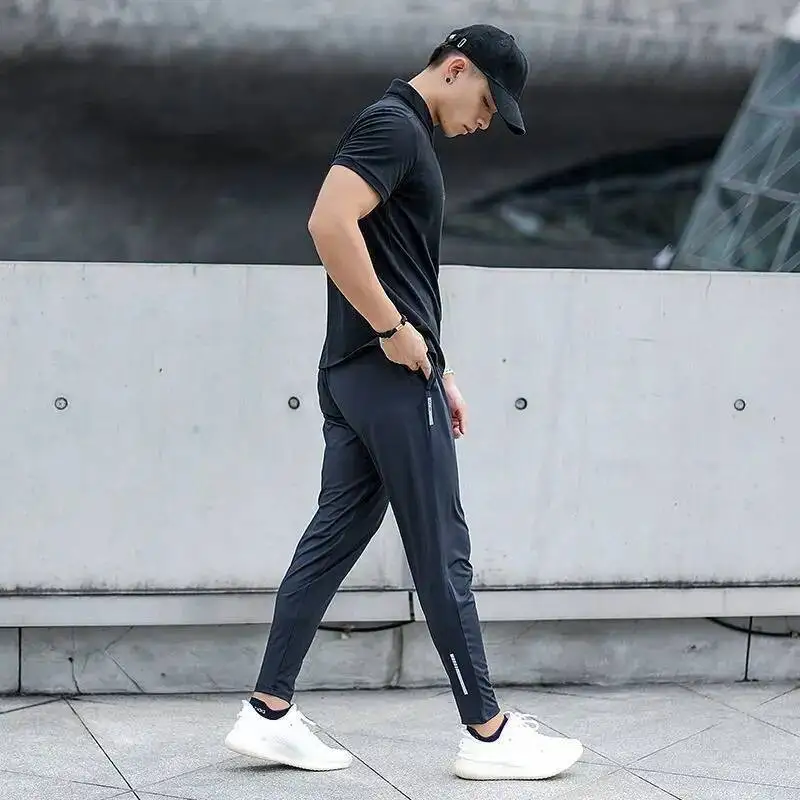 

Спортивные мужские брюки для бега, летние брюки из ледяного шелка, тонкие тренировочные брюки для маленьких ног, узкие брюки с завязками