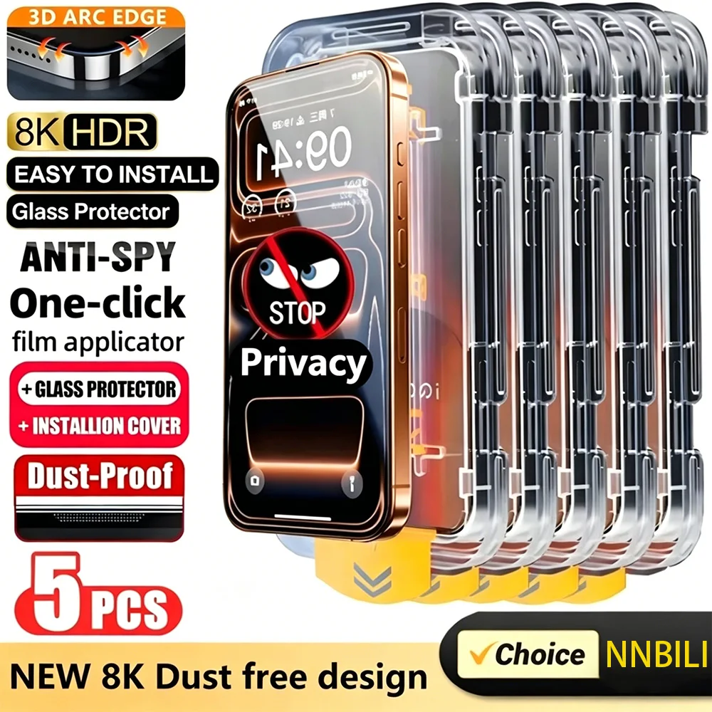 

NNBILI 5 шт. Защитное стекло для iPhone 17 Pro Max, 16, 15, 14, 13, 12, 11 Pro, 17e, 16e с защитой от подглядывания и установкой без пыли