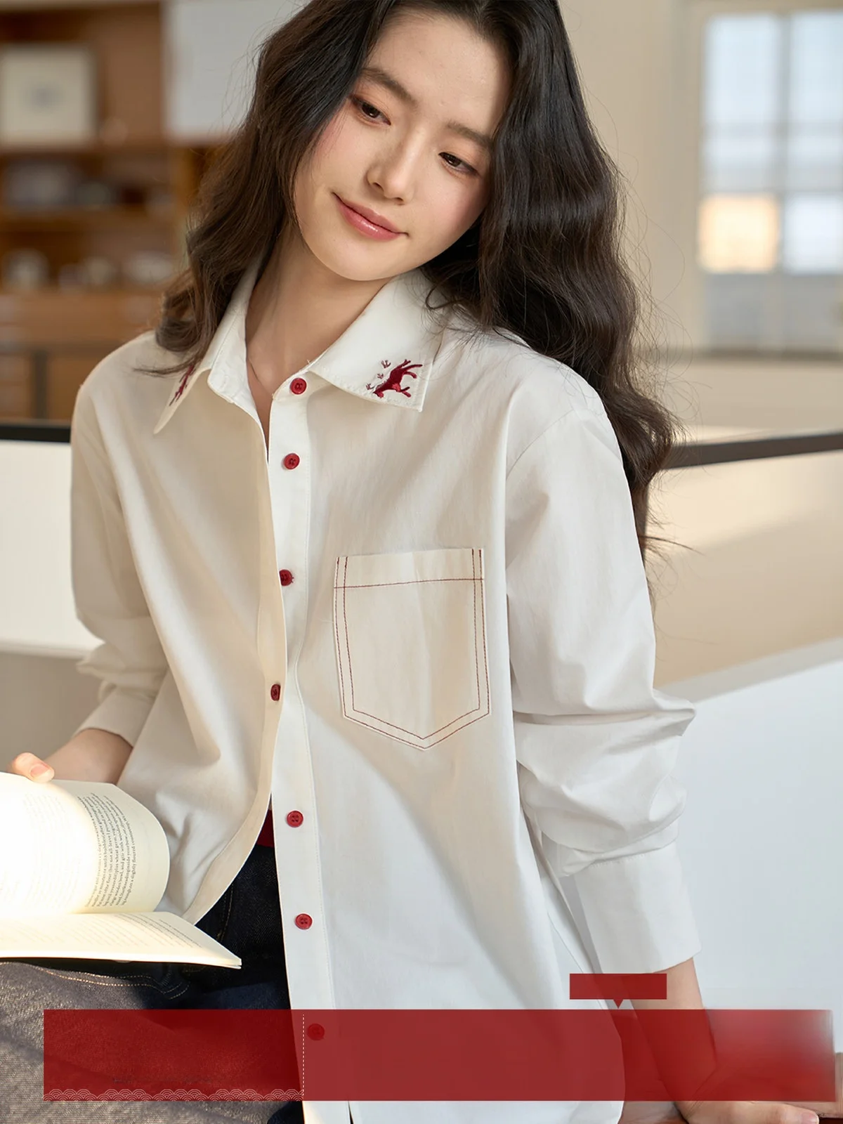 

MoZao White Ele Long Sve Embroidered Loose Fit irt Women's Spring 2026 New Sle Commute Korean Sle Premium Feel