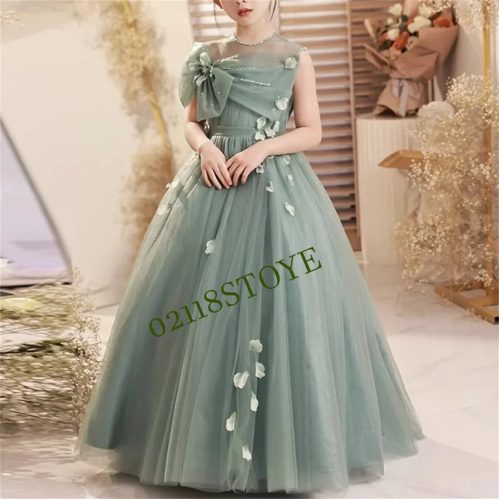 O-neck Bow Design Sleeveless Girls Birthday Dresses Ball Gown Tiered Mesh Robe 2023 Elegant Temperament Flower Girls Dress