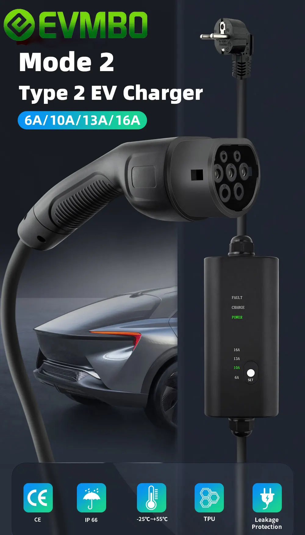 EVMBO 3.5KW Portable EV Charger EU Plug 16A 1Phase Type2 EC62196/ GB/T Type1 Charging for Electric Vehicle