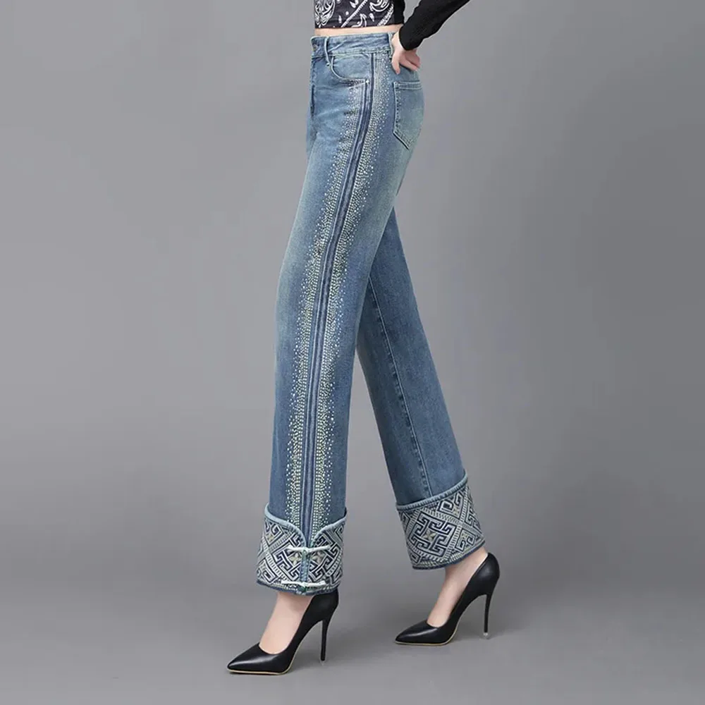 Fashion Hot Diamond Jeans Women's Chinese Style Vintage Print Denim Trousers Female Casual High Waist Wide Leg Floor Mop Pants