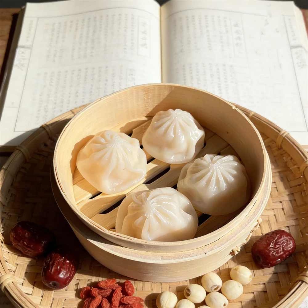 4pcs Traditional Chinese Dim Sum Steamed Buns White Steamed Bread Steamer Basket Authentic Food Model Chinatown Display Asmr Set