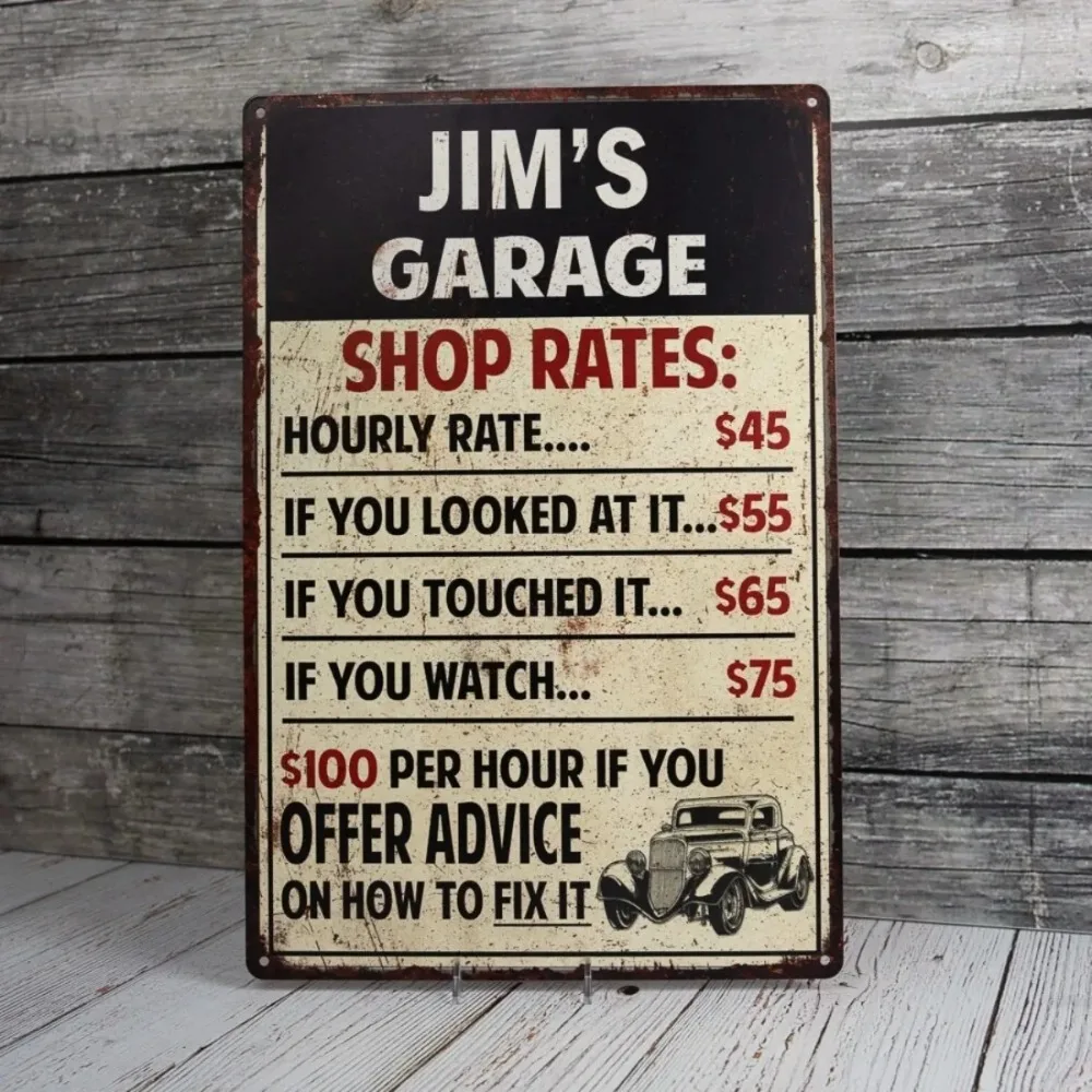 CIFbuy Customizable Man Cave Shop Rates Metal Sign, Personalized Text Waterproof Dustproof Plaque Indoor Home Wall Decor Gift