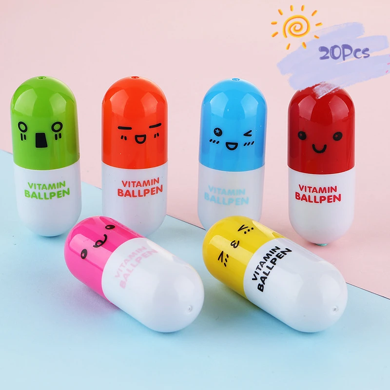 

20Pcs/Lot Mini Cute Expression Pill Ballpoint Pen Capsule Telescopic Pen Cartoon Ball Point Pen Kids School Supplies Gifts