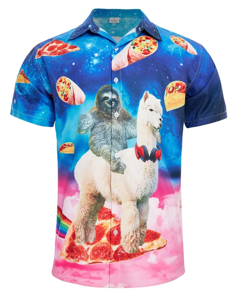 Hot Sale Men 3D Print Polyester Shirt, Stylish Comfortable Short Sleeve Lapel Galaxy Cat Pizza Beach Casual Button Up Top