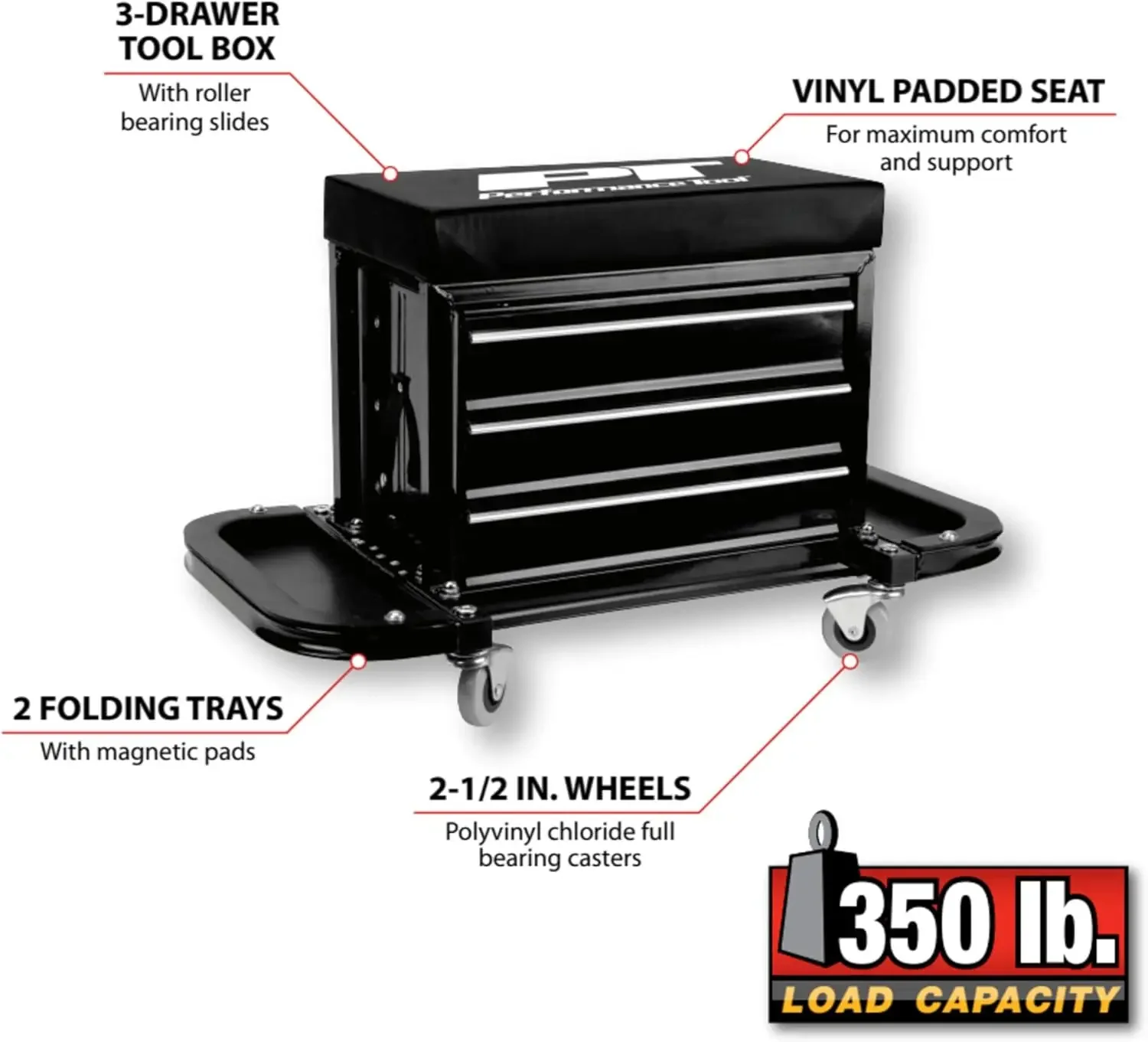 Tool W85025 3-Drawer Rolling Tool Chest Seat With Magnetic Side Trays, Black
