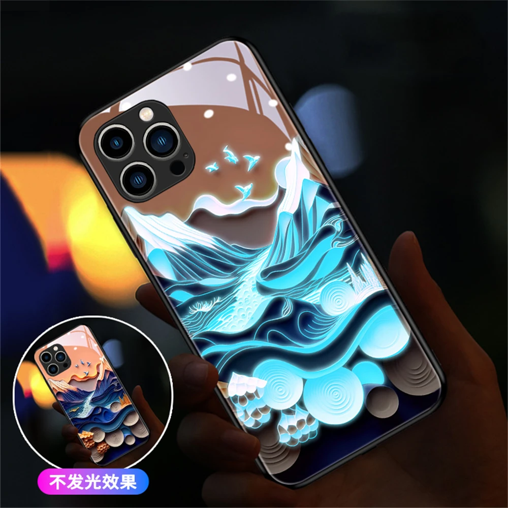 Old Landscape Painting Smart LED Light Up Glow Glass Phone Case For Samsung S24 S23 S22 S21 S20 FE Note 10 20 Plus Ultra A54