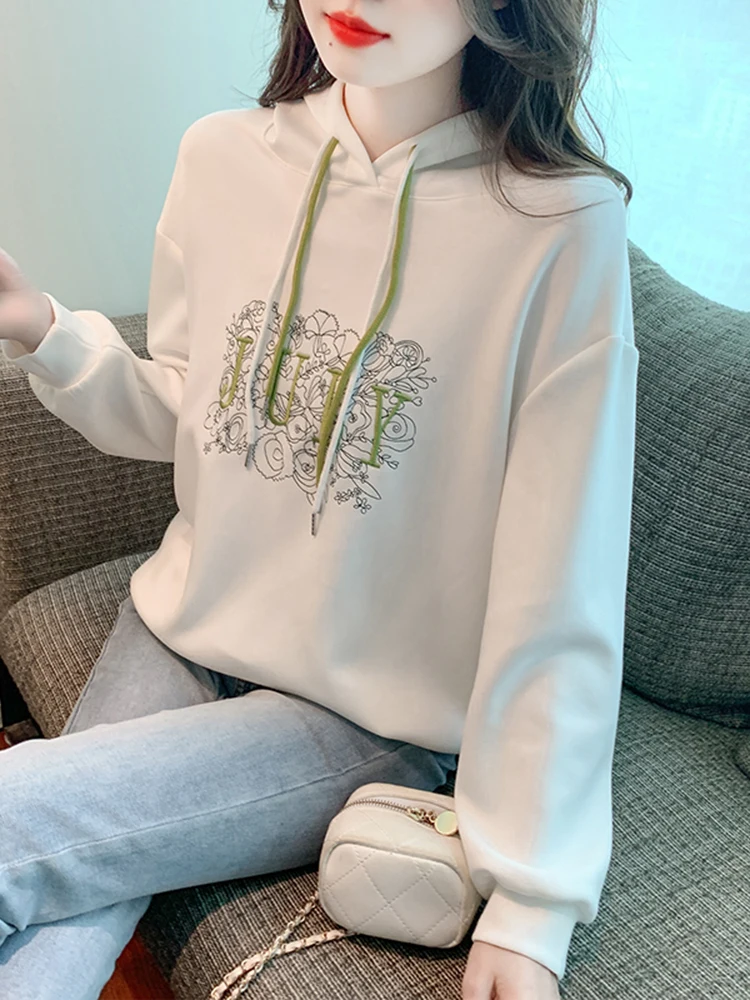 

Модная вышитая толстовка с капюшоном, удлиненная, женская, осенне-зимняя, новая, универсальная, базовая, тёплая, толстовка-жакет, топ