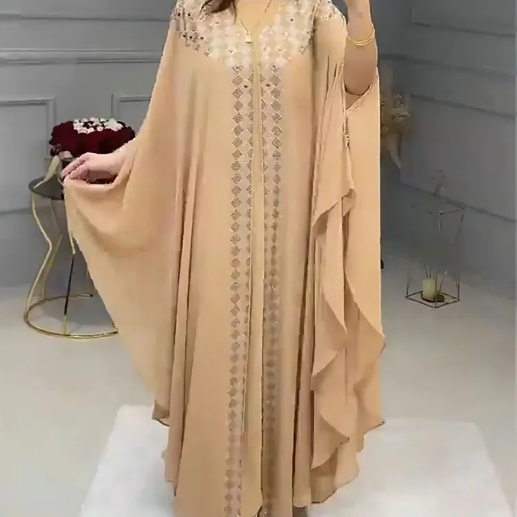 

Luxury Rhinestones African Dress for Women Kaftan Africa Clothing Ramadan Robe Chiffon Long Dress Islam Muslim Abaya 2 Piece Set