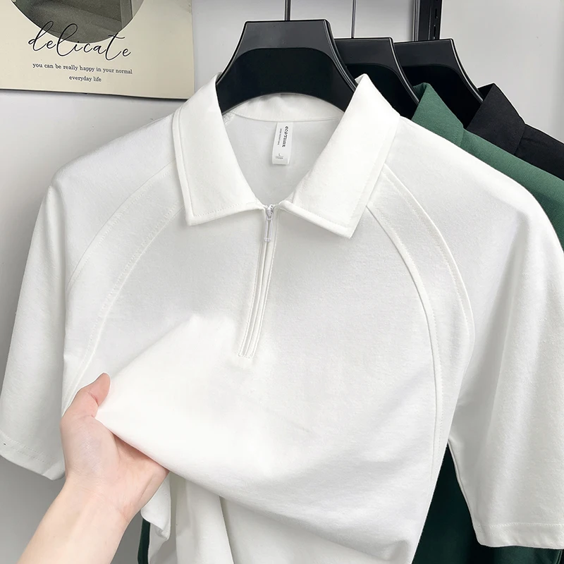 Fashionable summer casual men's lapel half zipper polo short sleeved simple and versatile trendy top