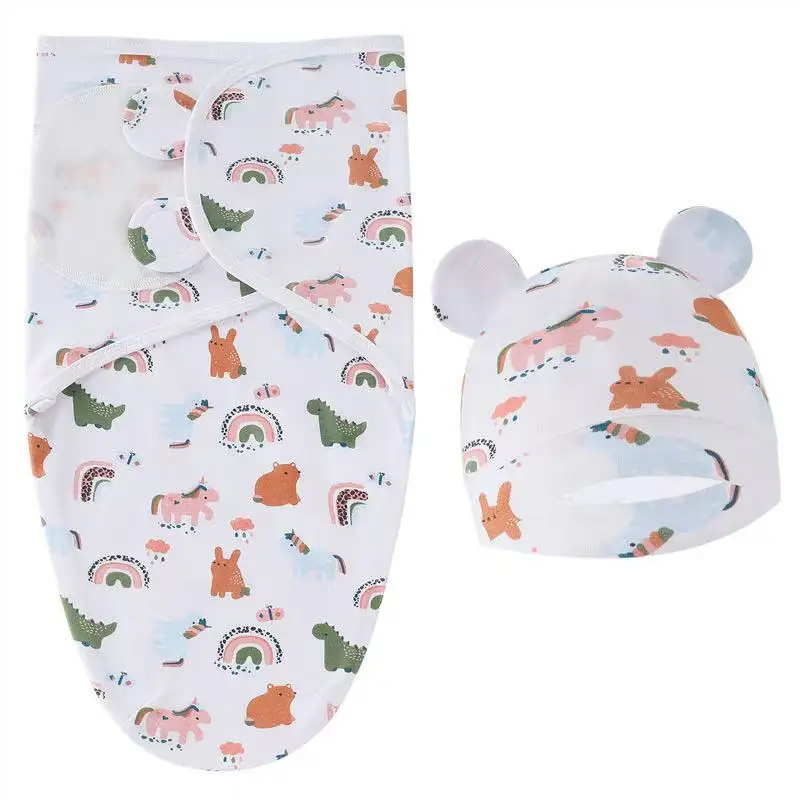 طفل بطانية طقم قبعات الكرتون المطبوعة القطن الوليد قماط قابل للتعديل الرضع النوم قماط يلتف جميع الفصول 0-6 أشهر #2