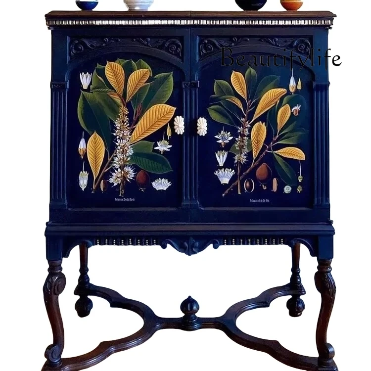 French solid wood porch cabinet hand-painted locker carved retro old dining side cabinet shoe cabinet decorative  foyer