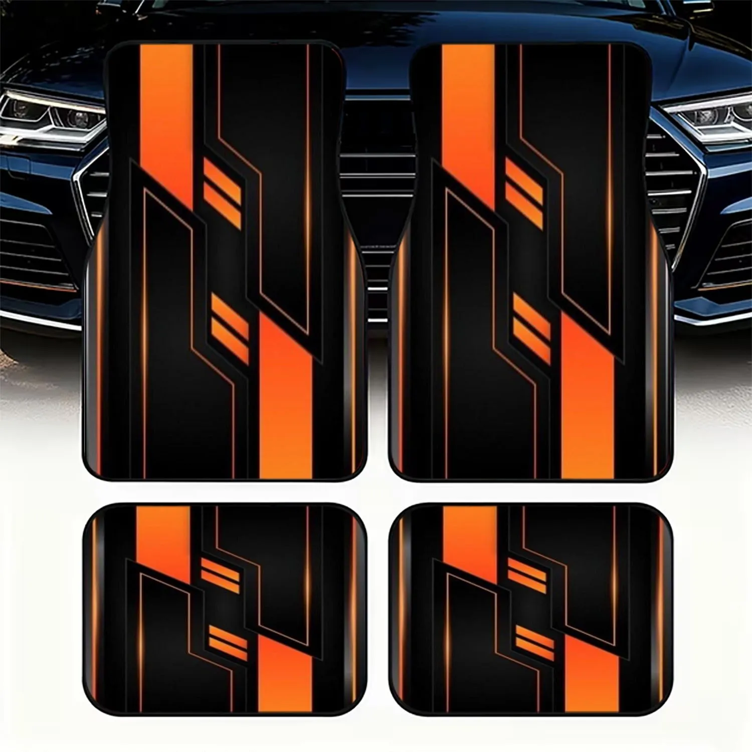 4pcs Car Floor Mats, Modern Dynamic Abstract Design (Black Background, Orange Geometric Shapes), Material, Stylish Interior Deco